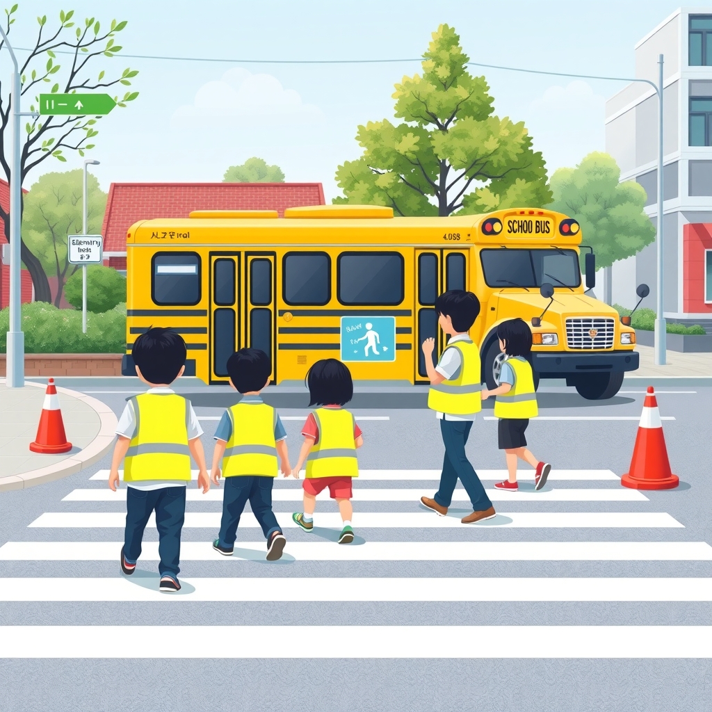 서울 성동구 초등학교 앞 오전 등굣길, 교통안전지도사가 밝은 조끼를 입고 초등학생 여러 명과 손을 잡고 횡단보도 앞에서 안전하게 건너는 모습, 주택가 골목과 학교 정문이 함께 보이는 현장감 있는 풍경