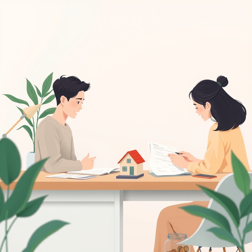 청약통장과 가계부, 월급 통장, 계약서가 놓인 책상 위 장면, 30대가 손으로 지출을 계산하는 모습, 깔끔한 실내, 생활 밀착형 이미지